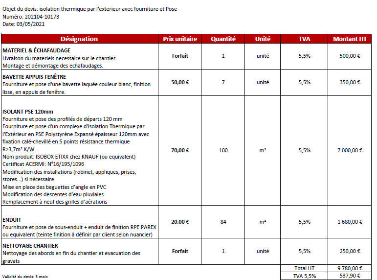 devis isolation facade
